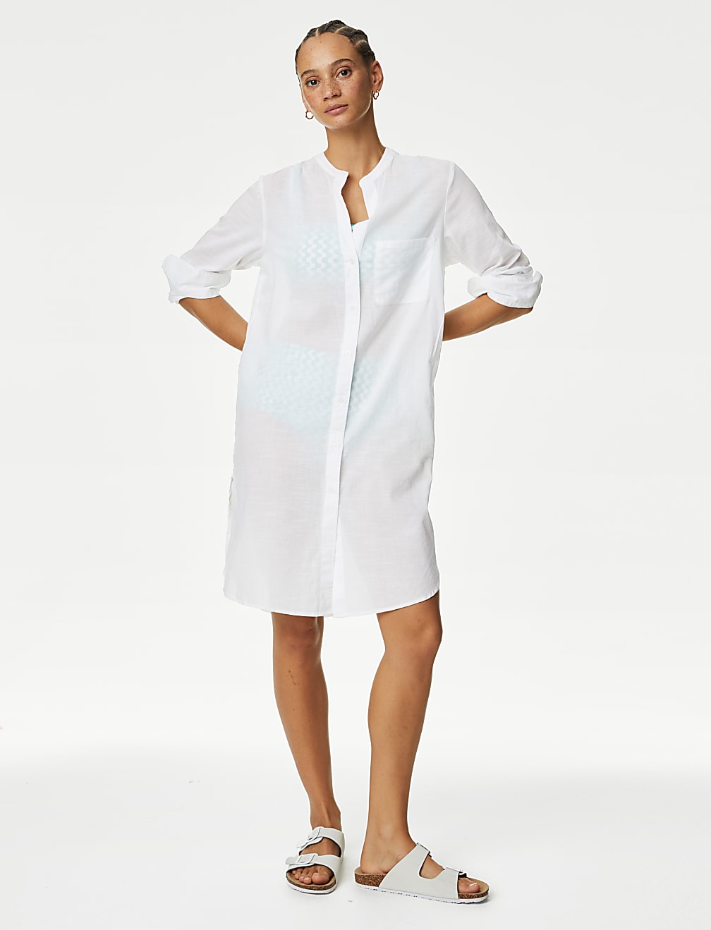 Pure Cotton Collarless Beach Cover Up Shirt