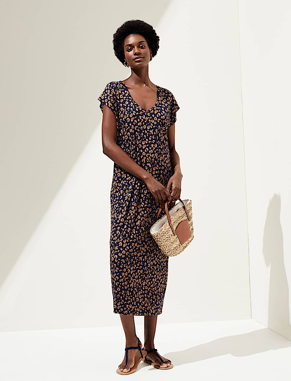 Jersey Printed V-Neck Midi T-Shirt Dress