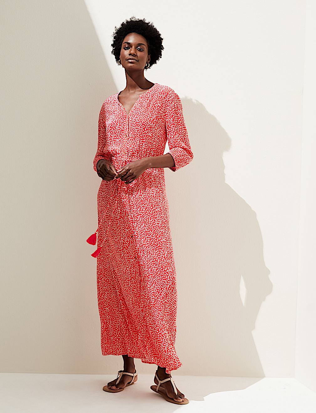 Printed V-Neck Tie Waist Maxi Beach Dress