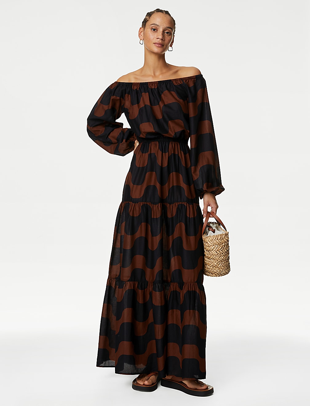 Pure Cotton Printed Bardot Midaxi Beach Dress