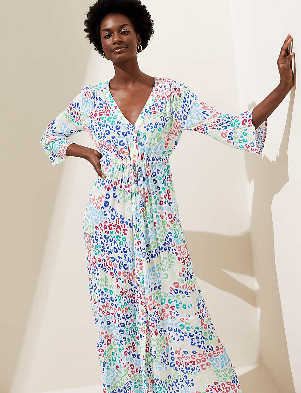 Animal Print V-Neck Shirred Maxi Dress