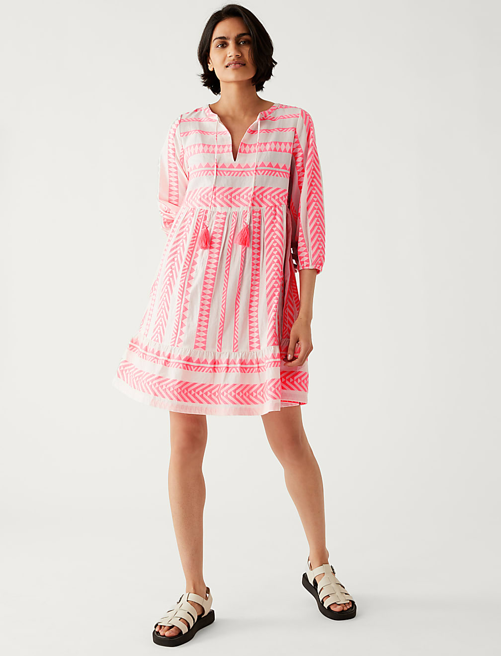 Cotton Rich Jacquard Mini Smock Beach Dress