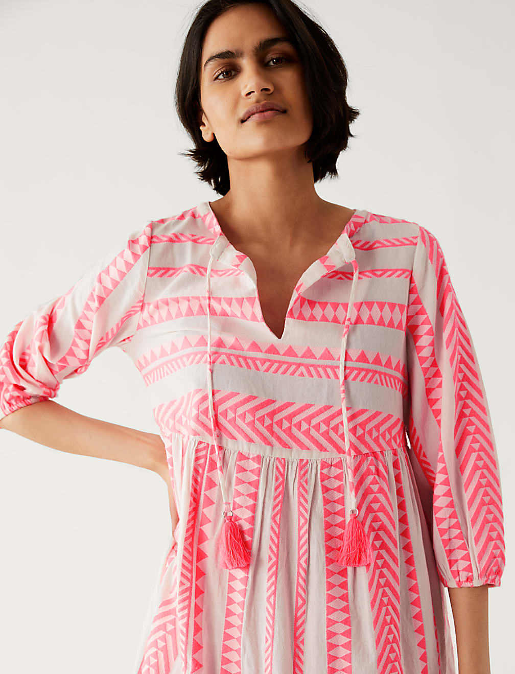 Cotton Rich Jacquard Mini Smock Beach Dress