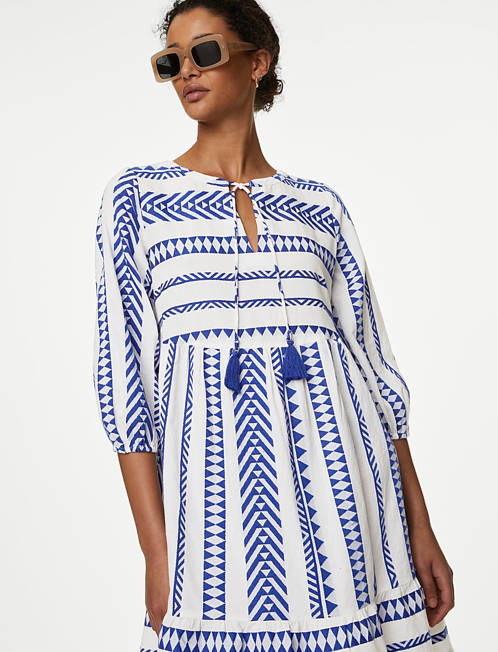 Cotton Rich Jacquard Mini Smock Beach Dress