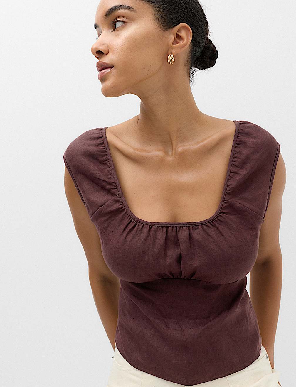 Pure Linen Square Neck Ruched Top