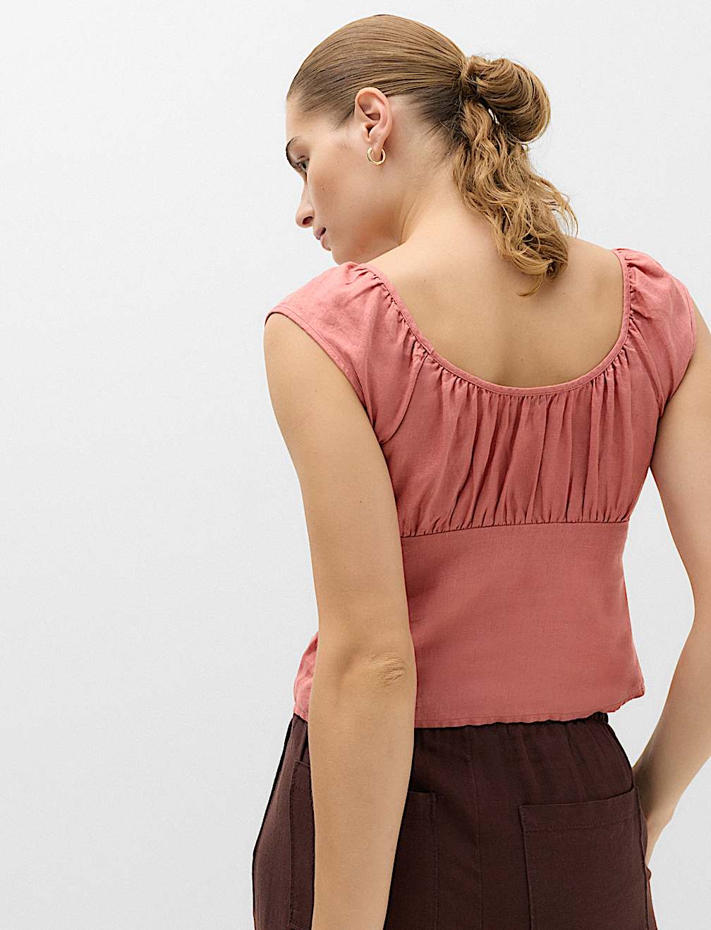 Pure Linen Square Neck Ruched Top
