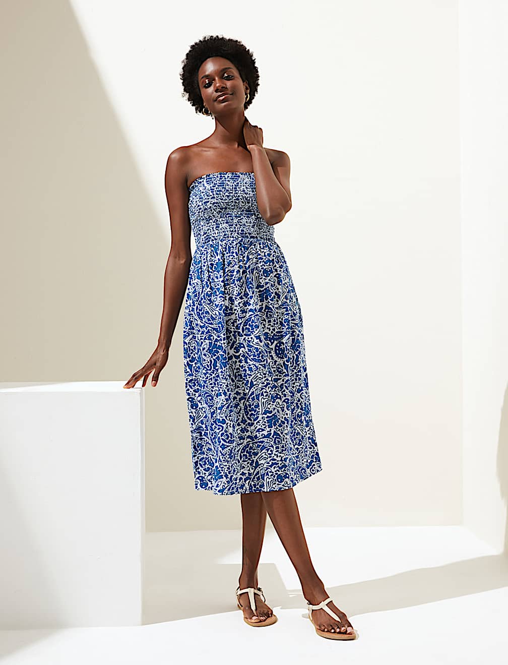 Pure Cotton Ditsy Floral Shirred Midi Dress