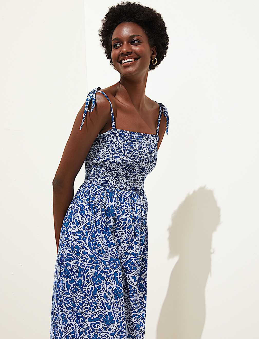 Pure Cotton Ditsy Floral Shirred Midi Dress