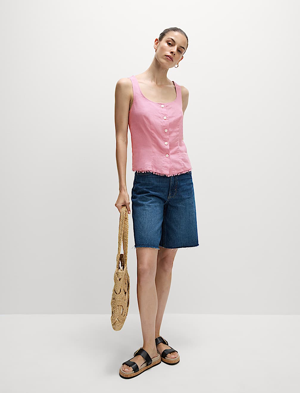 Linen Rich Button Through Raw Edge Cami Top