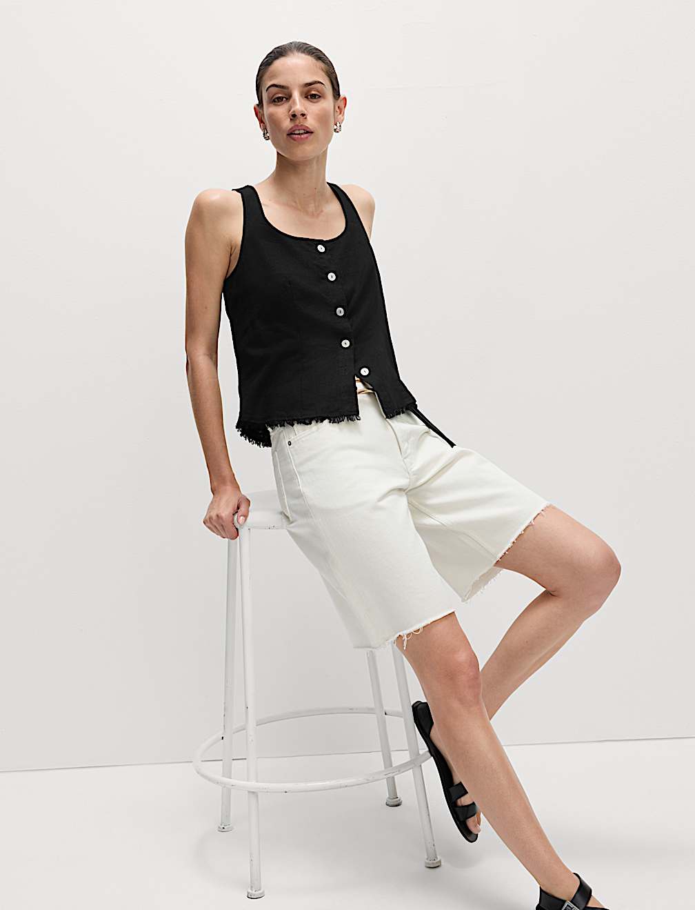 Linen Rich Button Through Raw Edge Cami Top
