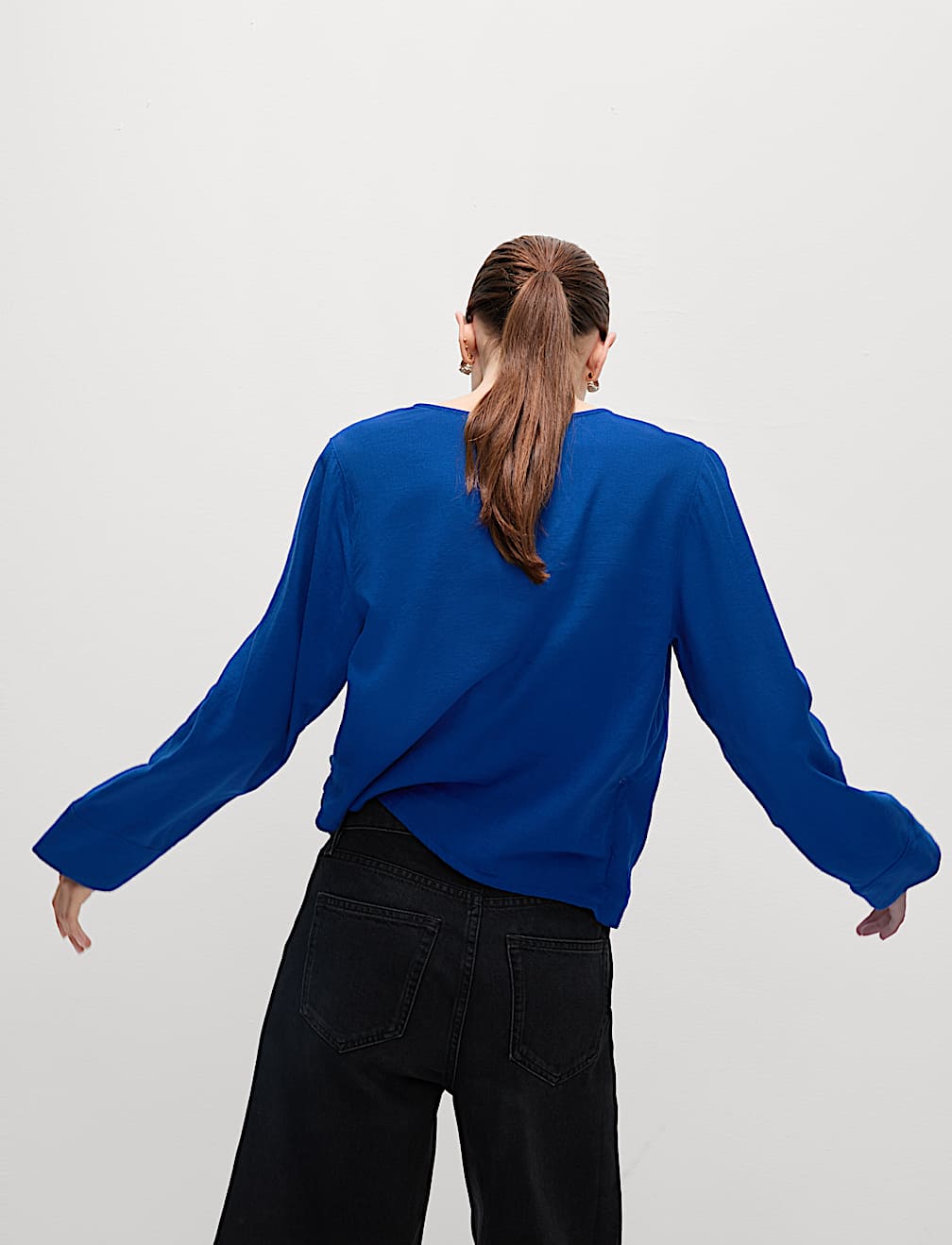Linen Rich V-Neck Wrap Front Blouse