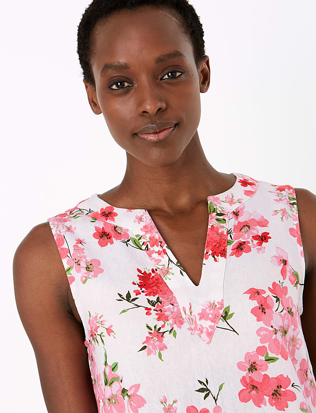 Linen Blend Floral V-Neck Shift Dress