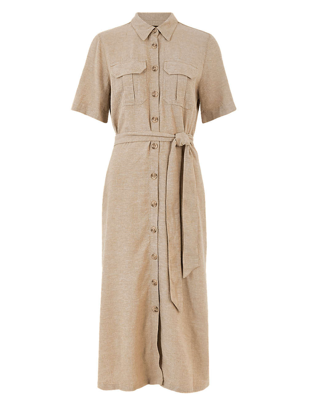 Linen Belted Midi Shirt Dress