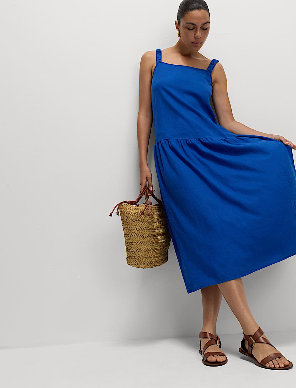 Linen Rich Scoop Neck Midi Drop Waist Dress