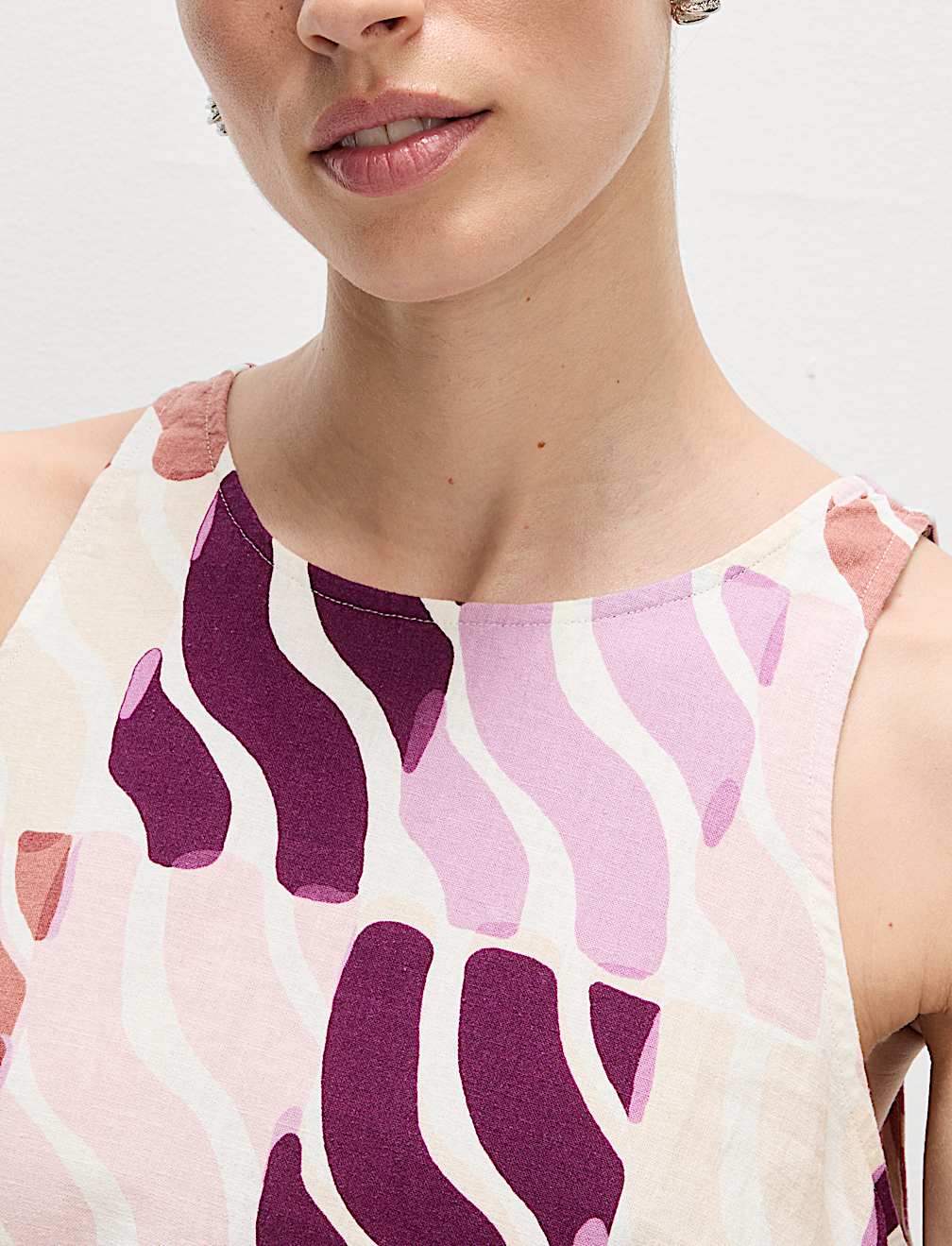 Linen Rich Printed Round Neck Midi Dress
