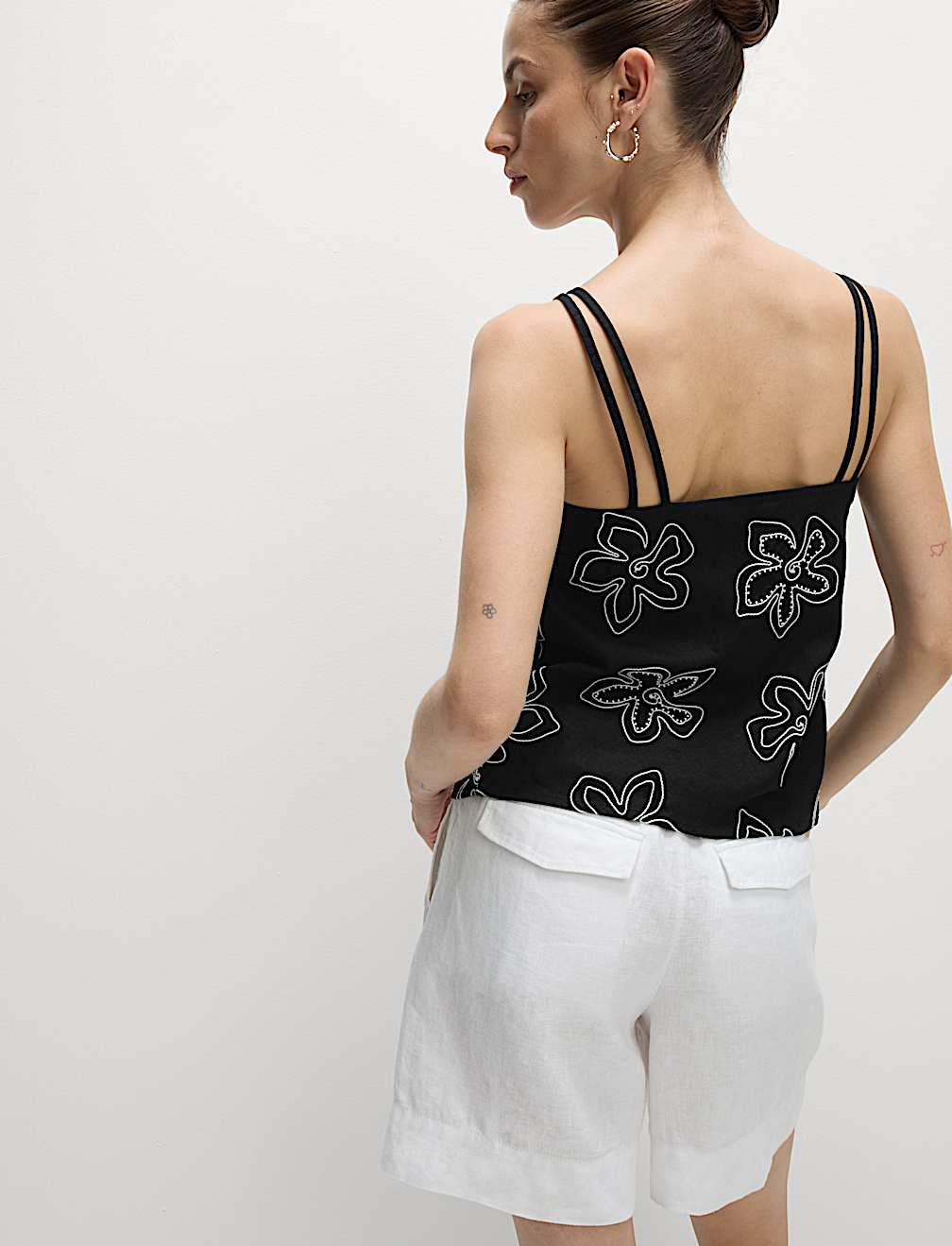 Linen Rich Floral Embellished Cami Top