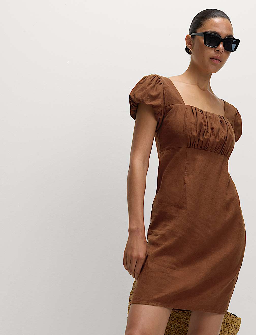 Linen Rich Puff Sleeve Mini Shift Dress