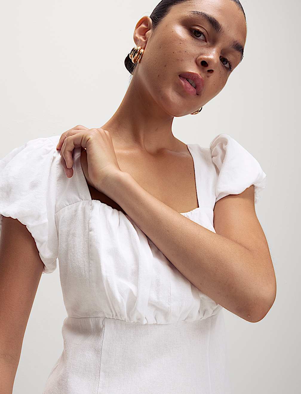 Linen Rich Puff Sleeve Mini Shift Dress
