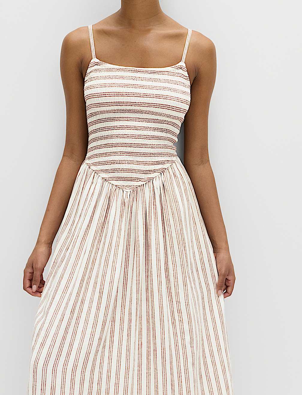 Linen Rich Shirred Midi Shift Dress