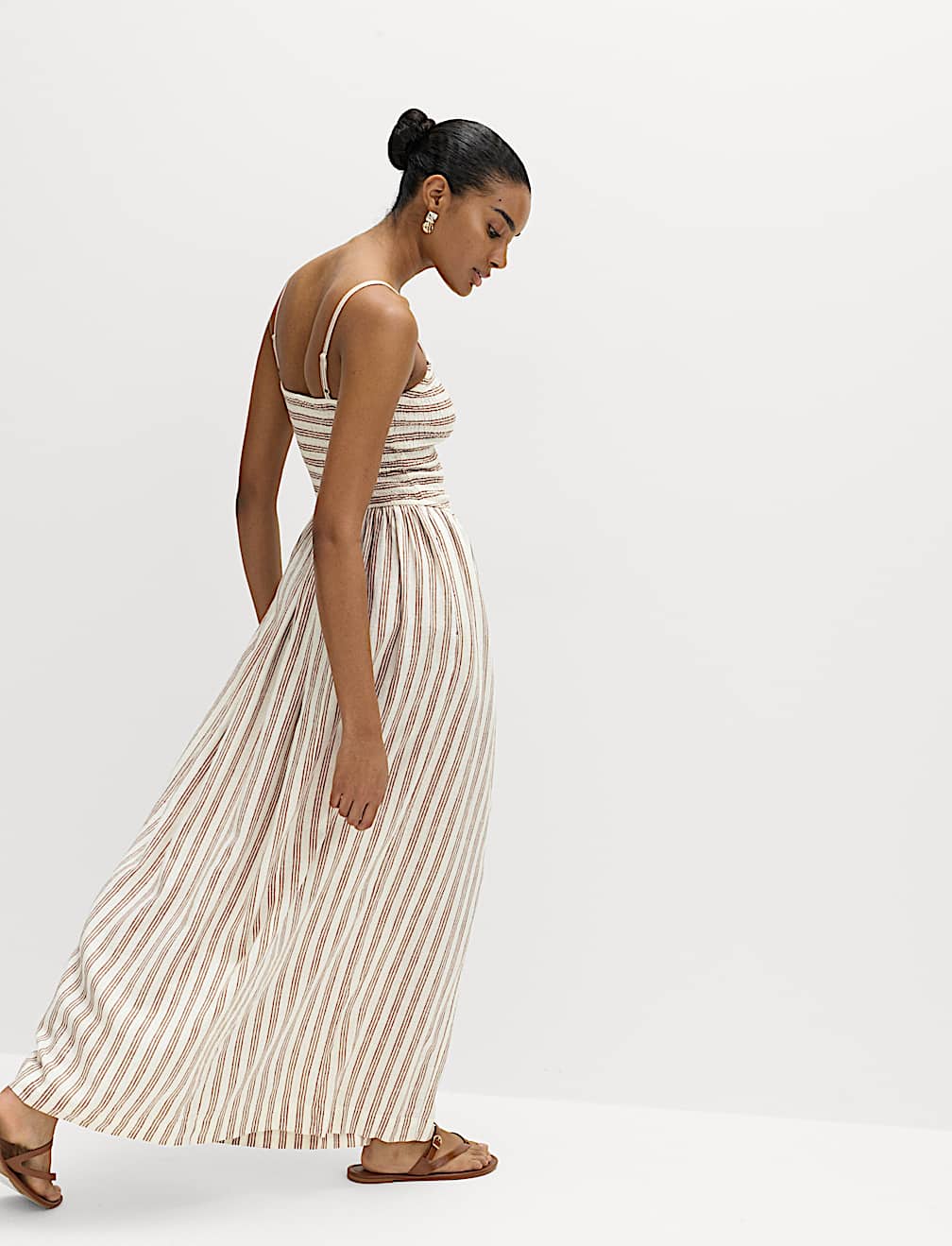 Linen Rich Shirred Midi Shift Dress