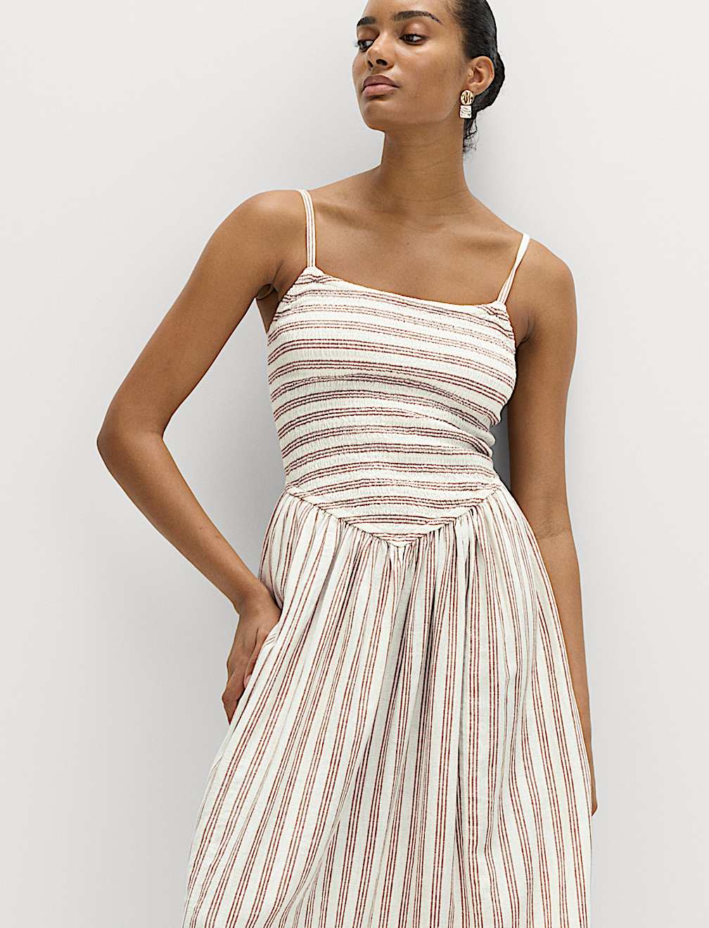 Linen Rich Shirred Midi Shift Dress