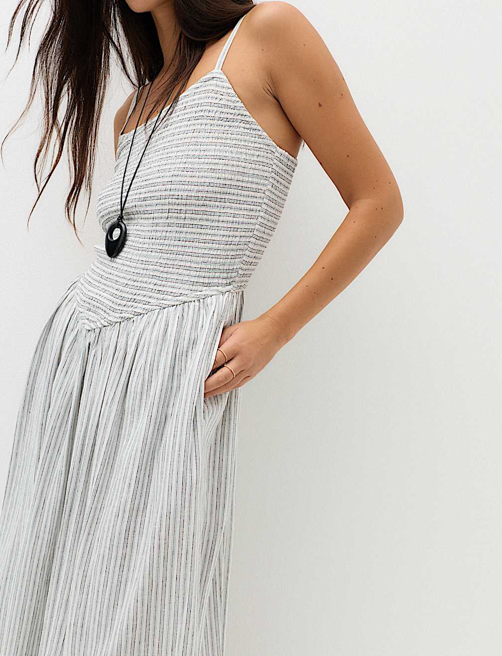 Linen Rich Shirred Maxi Shift Dress