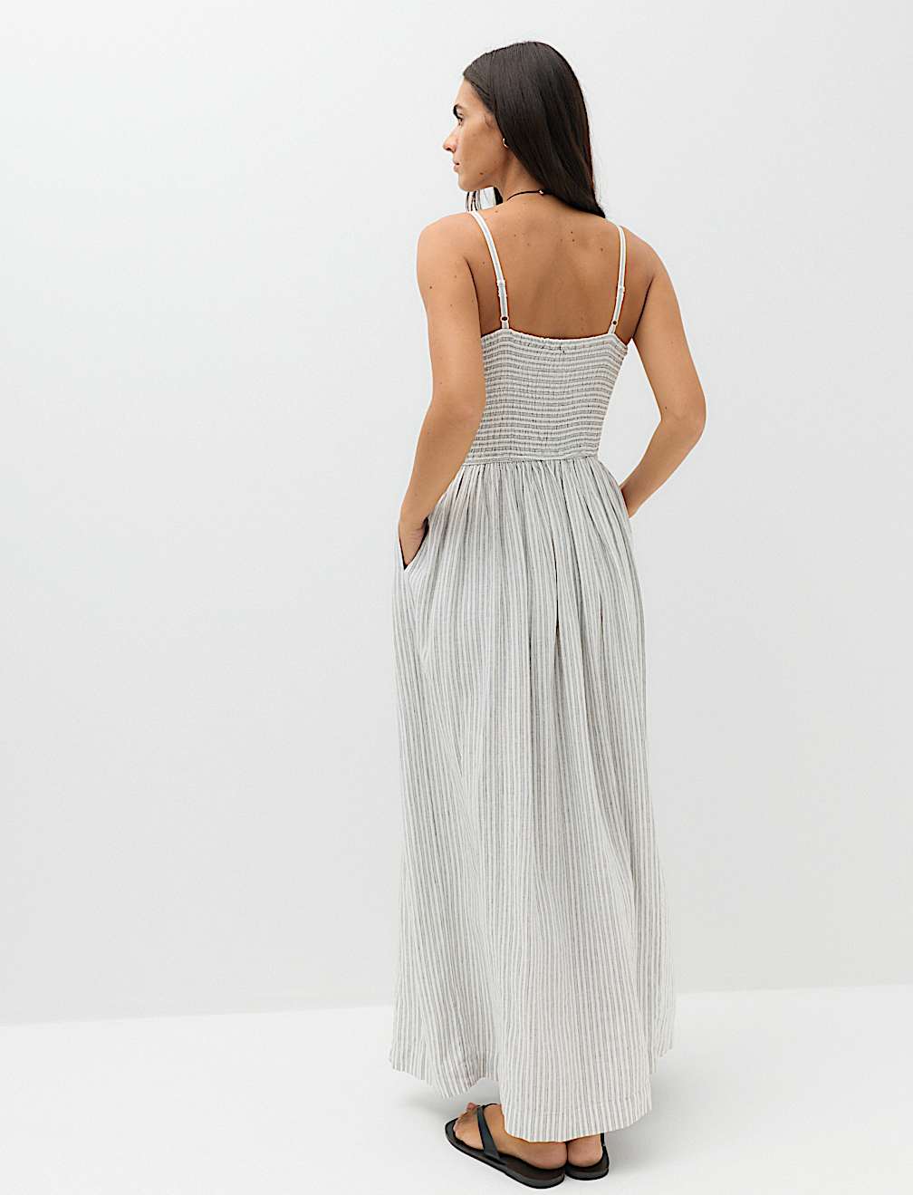 Linen Rich Shirred Maxi Shift Dress