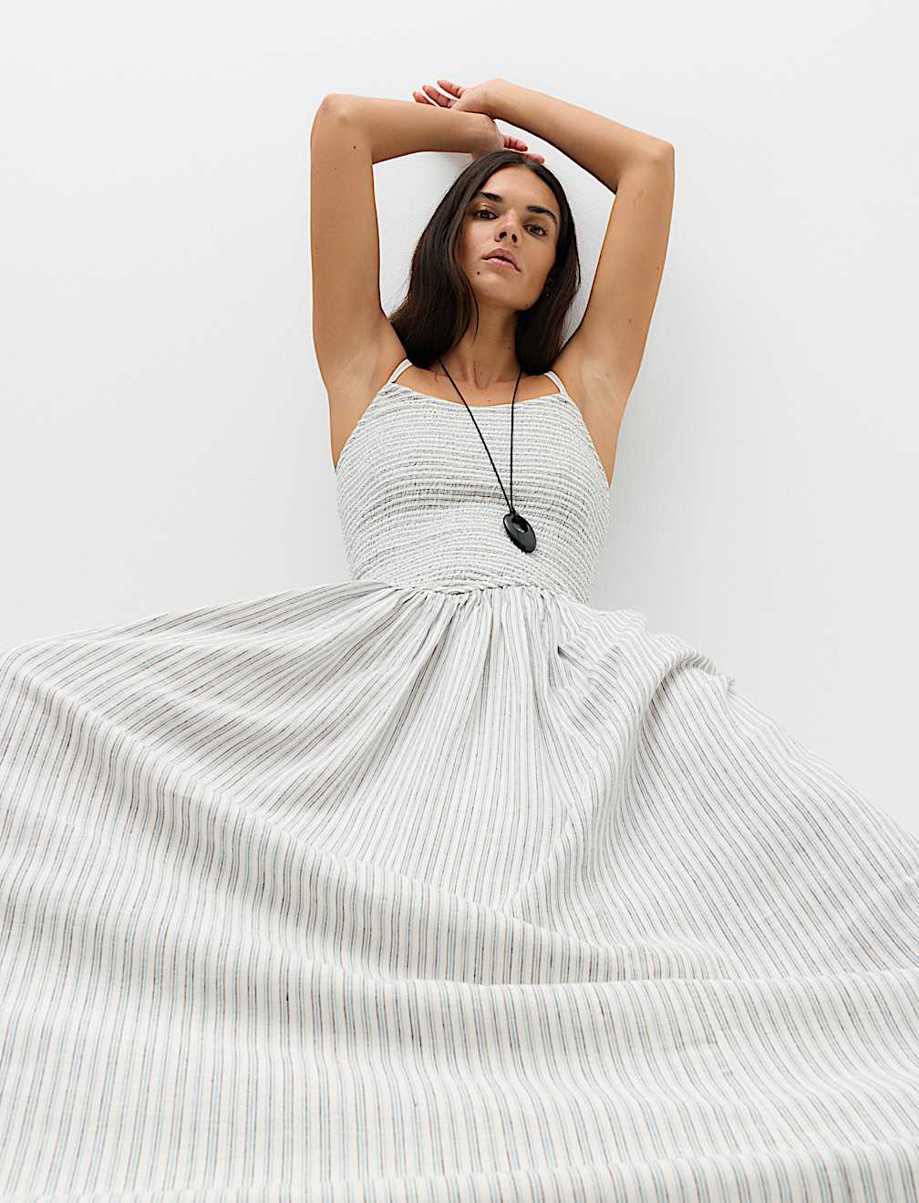 Linen Rich Shirred Maxi Shift Dress