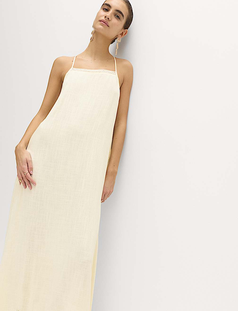 Square Neck Strappy Maxi Shift Dress with Linen