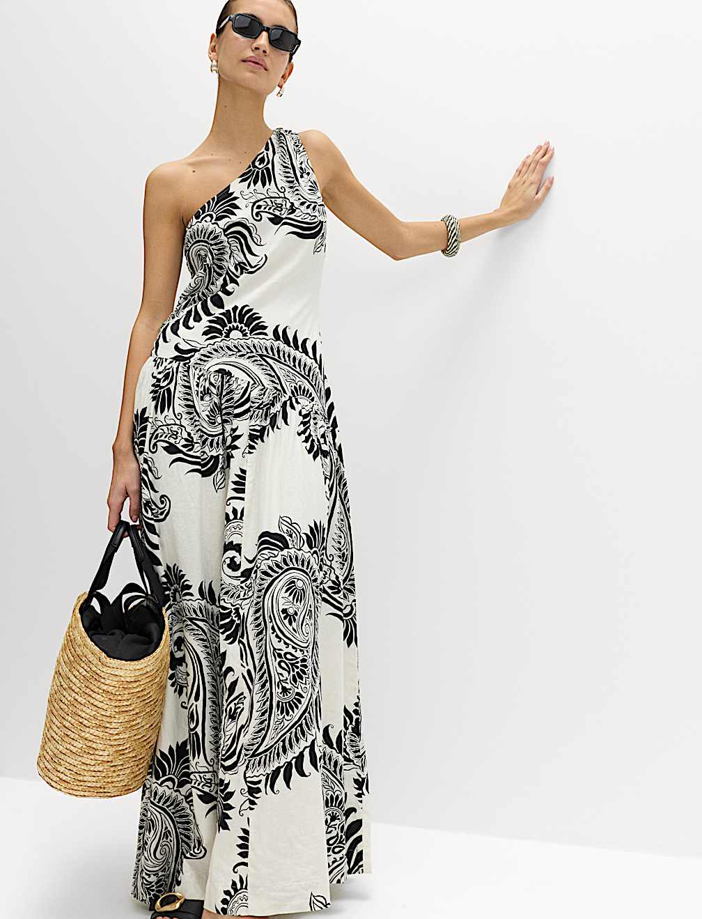 Linen Rich One Shoulder Maxi Shift Dress