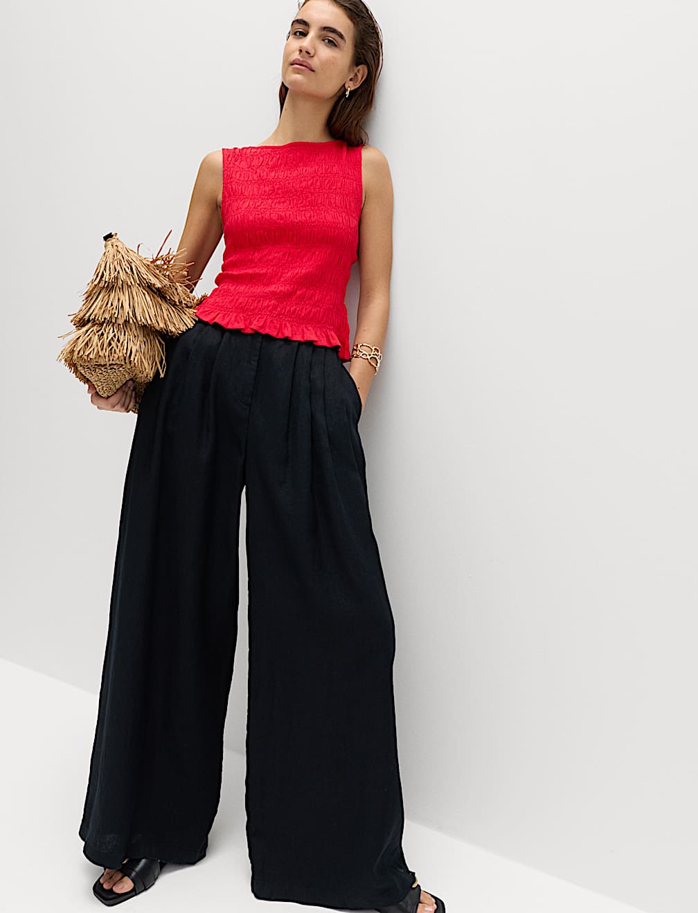 Slash Neck Shirred Top with Linen