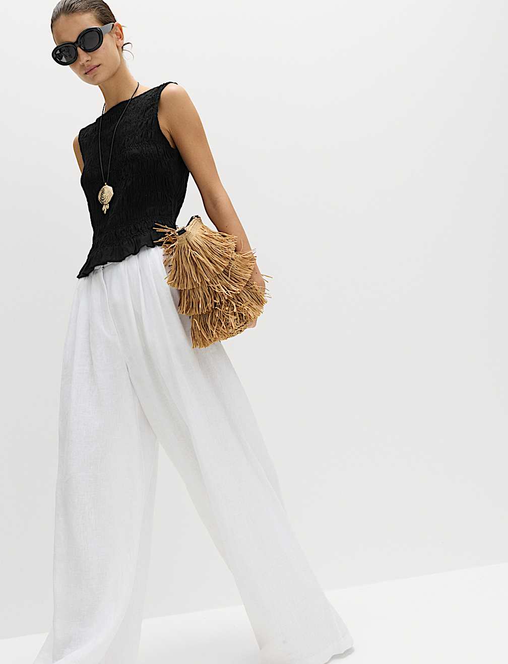 Slash Neck Shirred Top with Linen