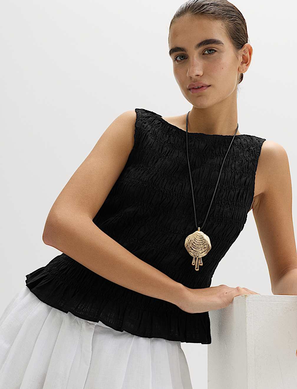 Slash Neck Shirred Top with Linen