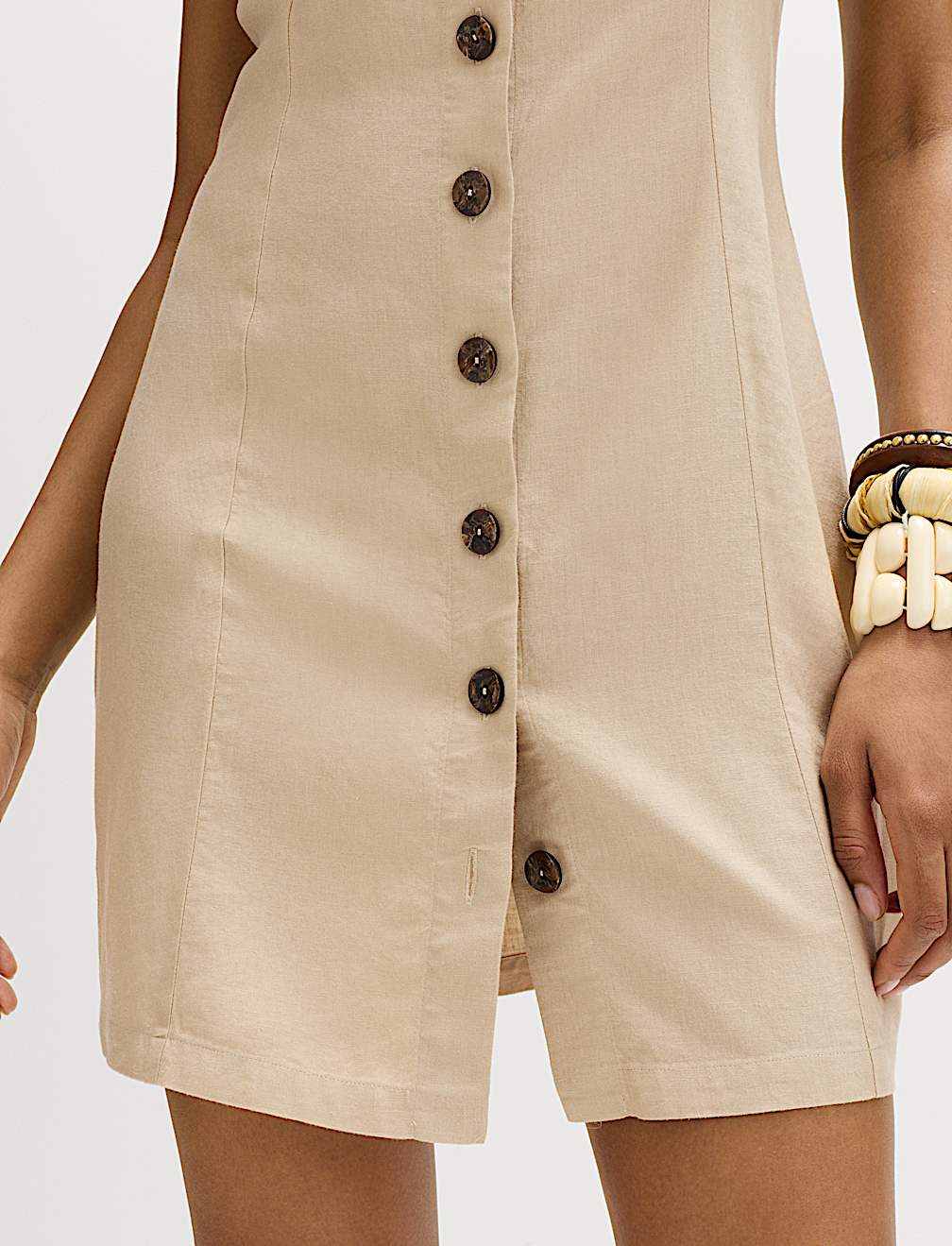 Linen Rich Button Through Mini Shift Dress