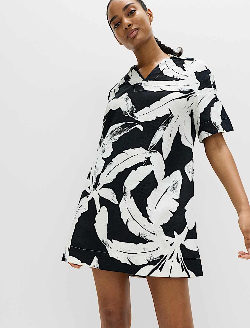 Linen Rich Printed V-Neck Popover Dress