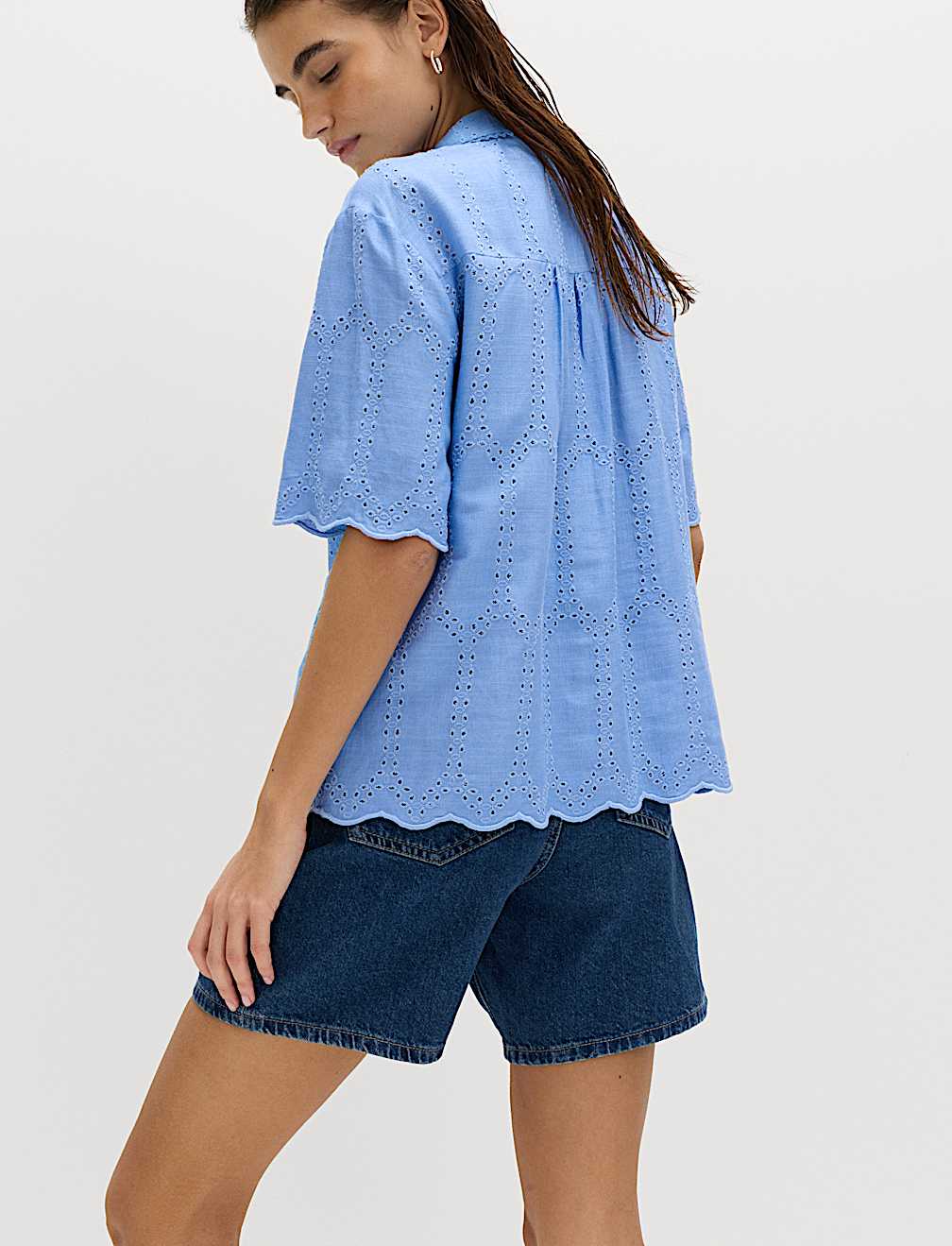 Broderie Collared Cutwork Detail Shirt with Linen