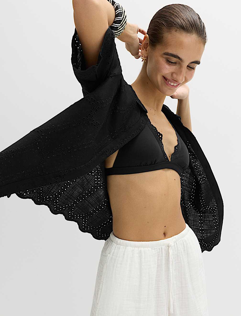 Broderie Collared Cutwork Detail Shirt with Linen