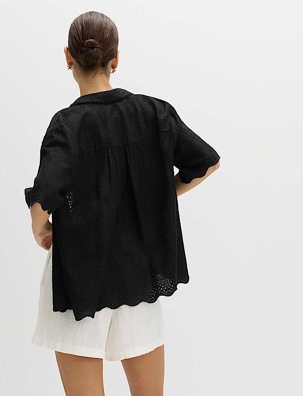 Broderie Collared Cutwork Detail Shirt with Linen