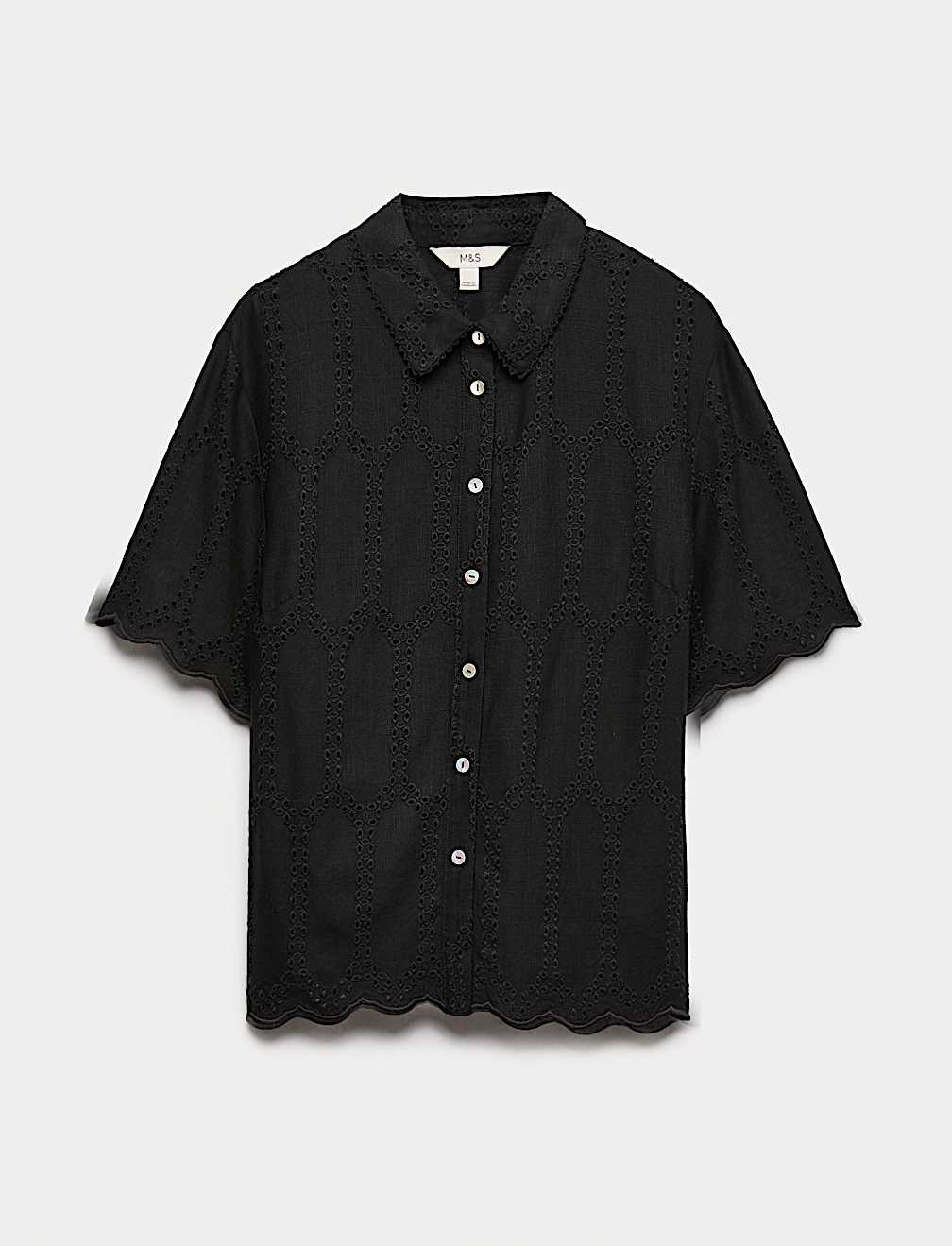 Broderie Collared Cutwork Detail Shirt with Linen