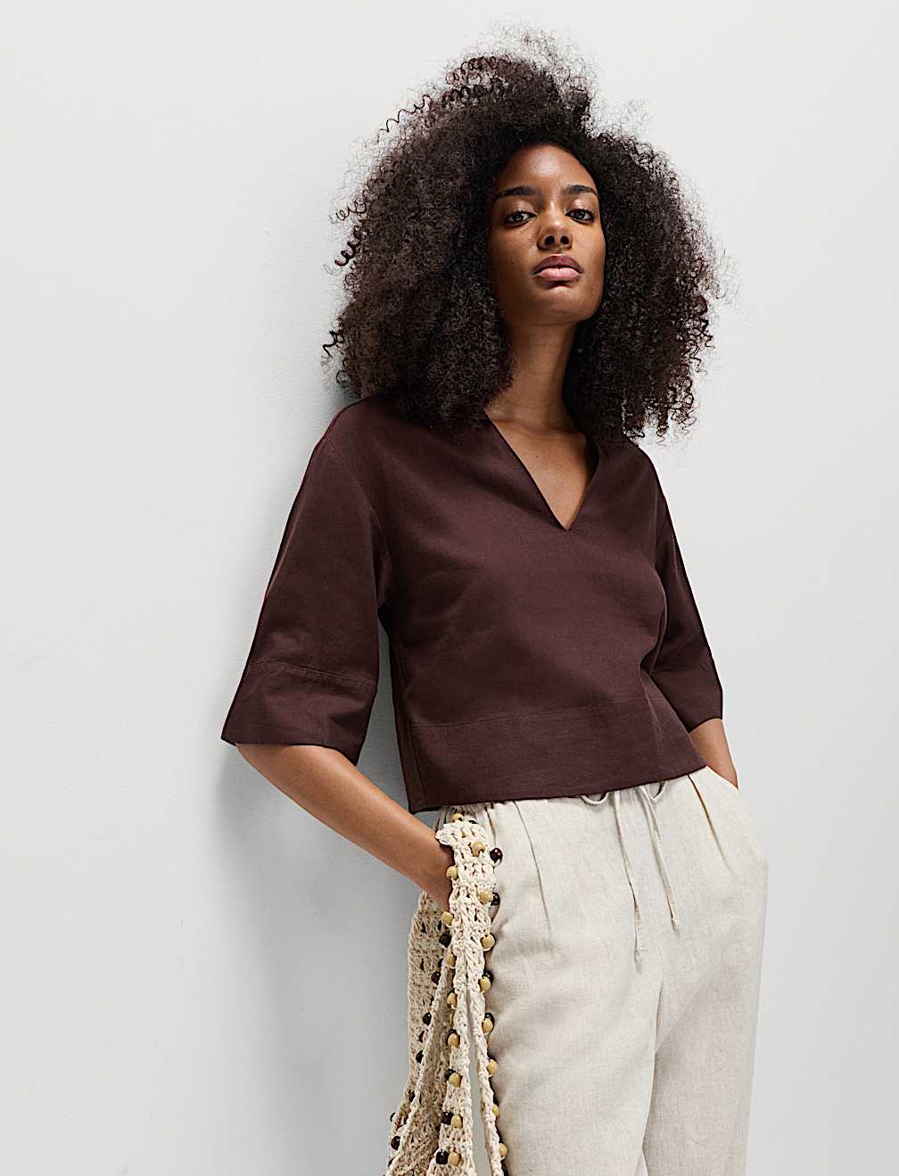 Linen Rich Collared Crop Top
