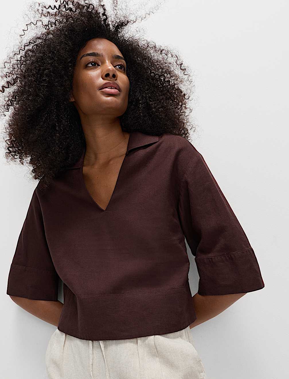 Linen Rich Collared Crop Top