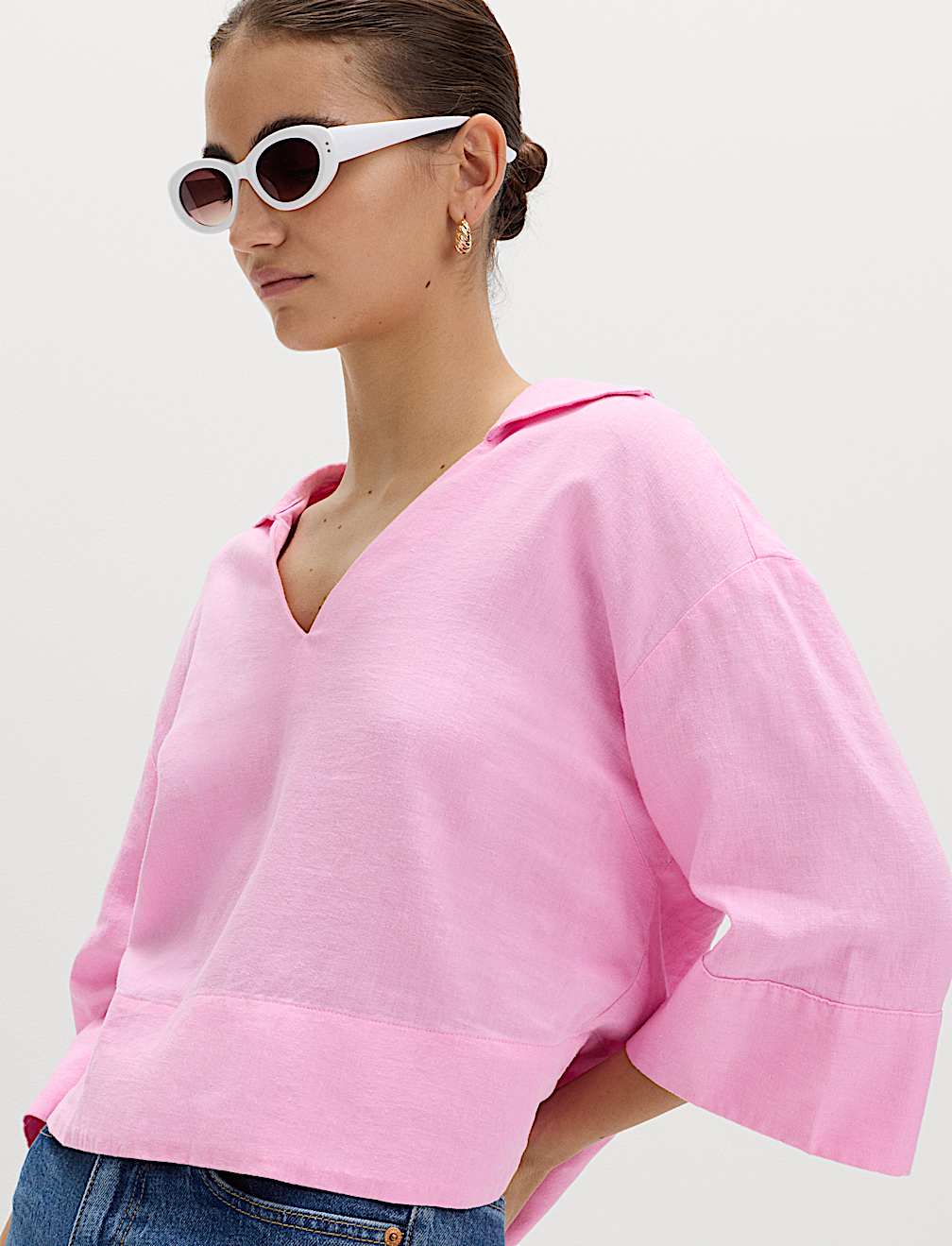 Linen Rich Collared Crop Top