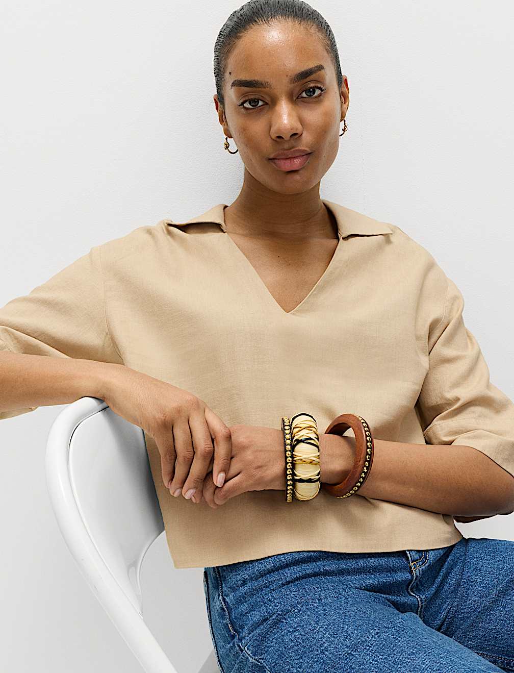 Linen Rich Collared Crop Top