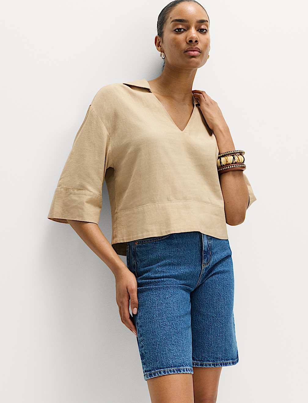 Linen Rich Collared Crop Top