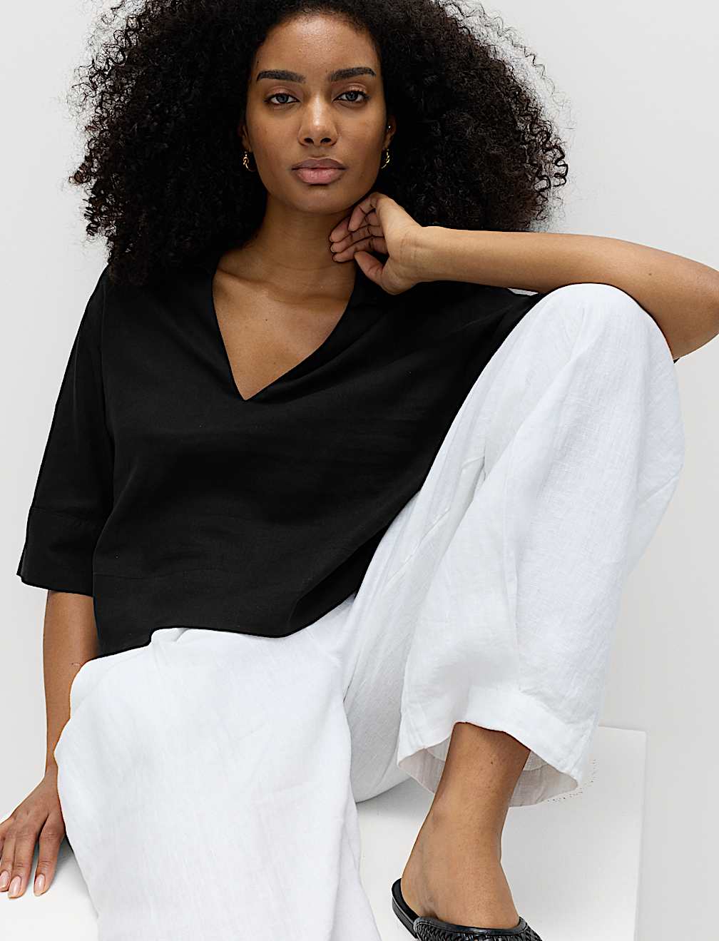 Linen Rich Collared Crop Top