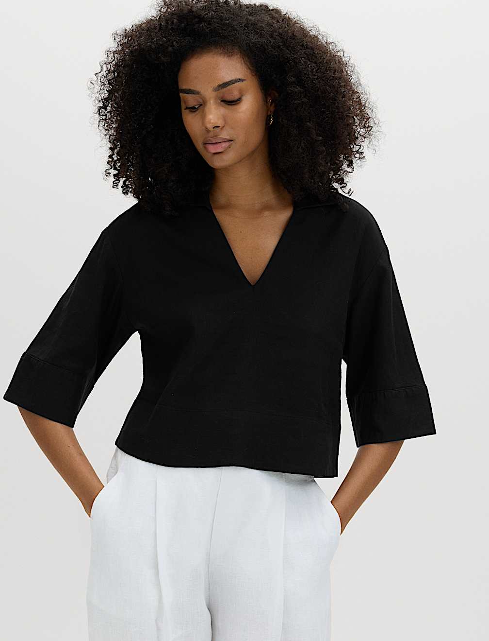 Linen Rich Collared Crop Top
