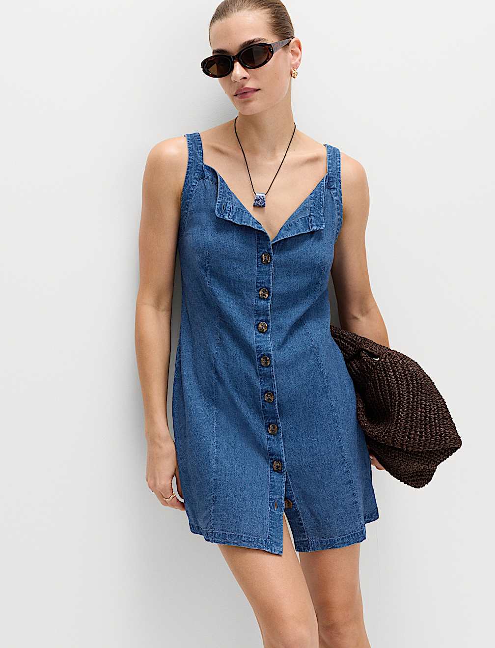 Linen Rich Square Neck Button Through Mini Shift Dress