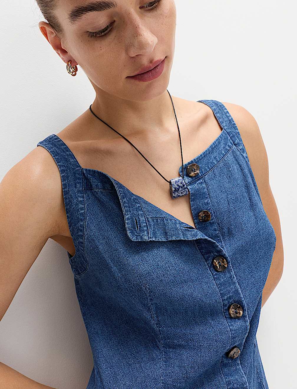 Linen Rich Square Neck Button Through Mini Shift Dress