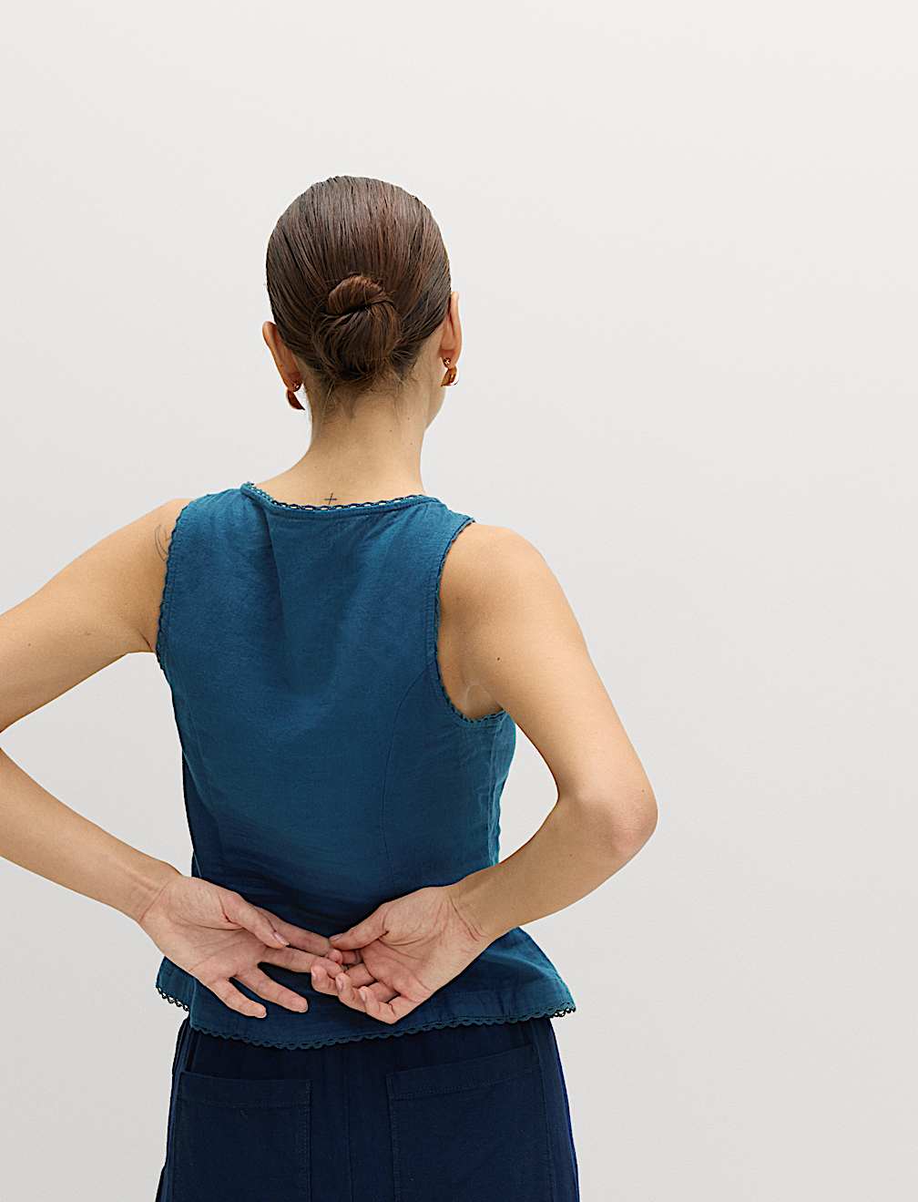 Linen Rich Lace Insert Button Detail Blouse