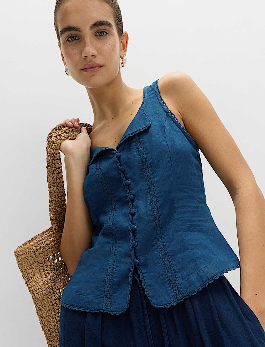 Linen Rich Lace Insert Button Detail Blouse